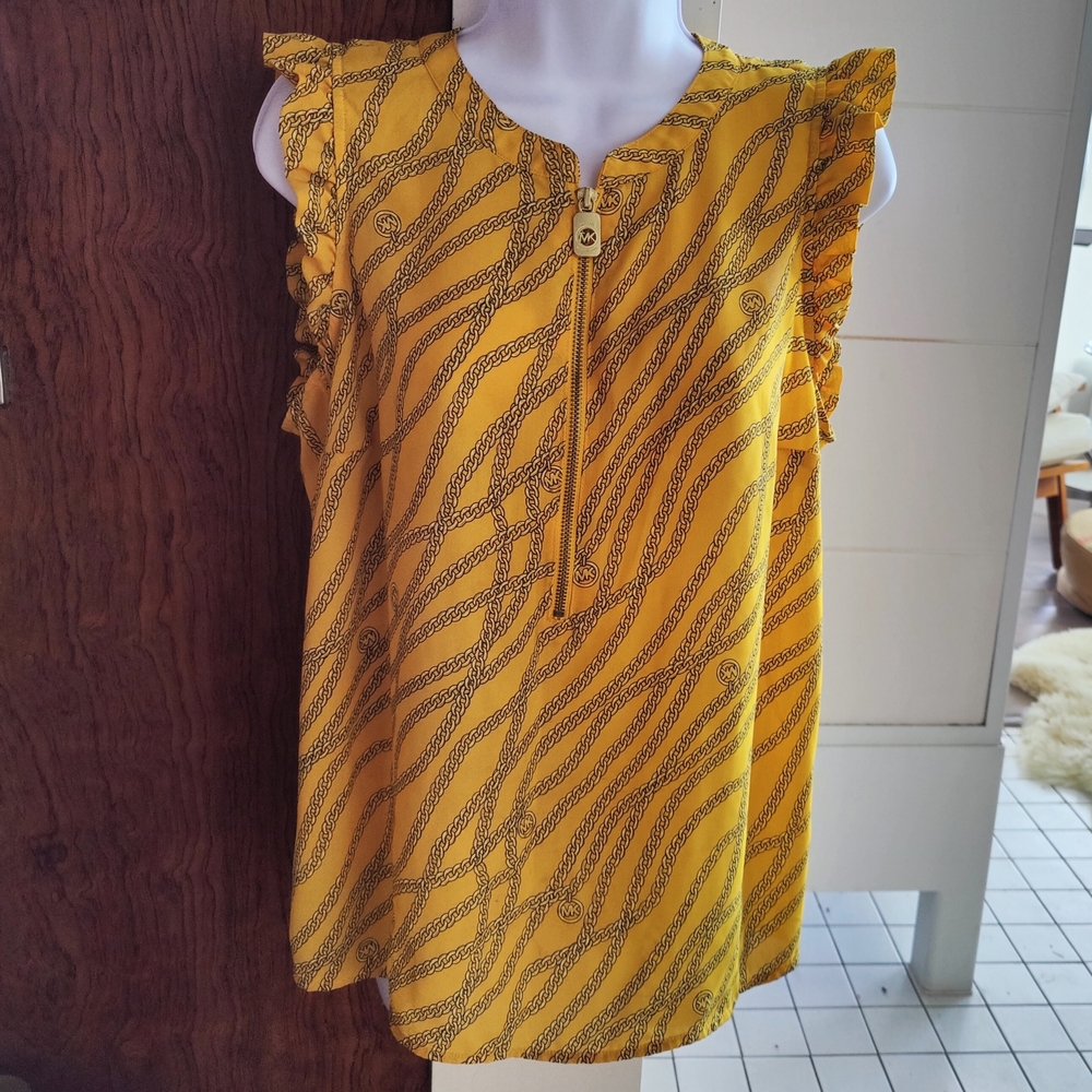Michael Kors Yellow Chain Print Sleeveless Blouse L